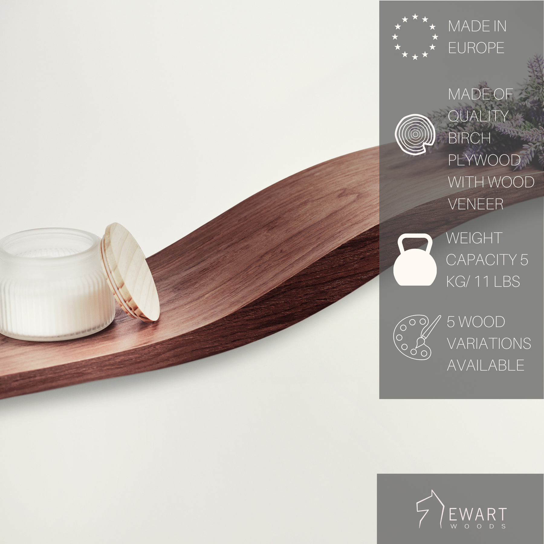 Close-up view of wood curved floating shelf with solid middle wave section, along with manufacturer specifics