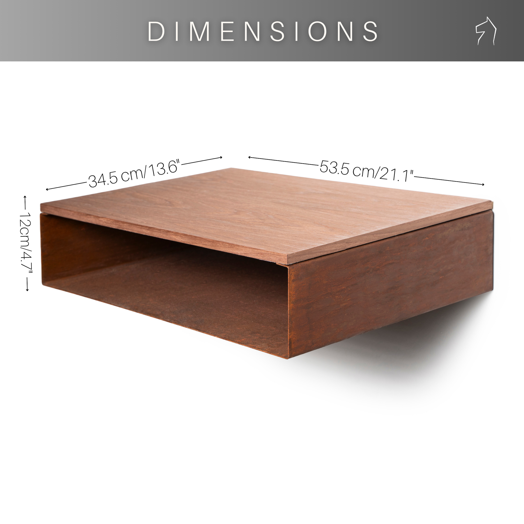 Dimensions for wall mounted floating rusted metal nightstand with wood surface