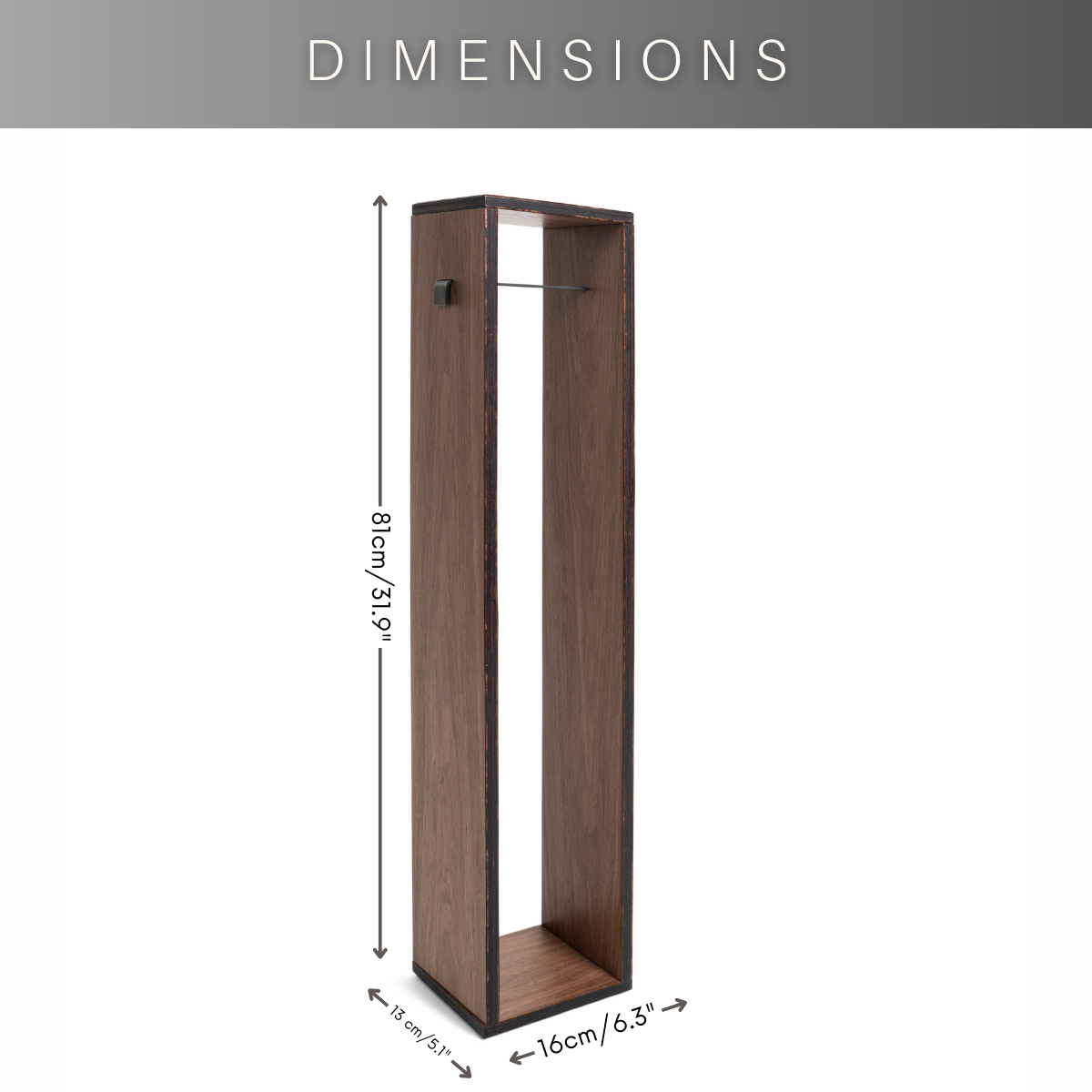 Dark walnut veneer toilet paper holder with dimensions of 81 cm in height, 16 cm in width, and 13 cm in depth. The sleek, minimalist design features a vertical open storage space for easy access to toilet paper rolls.