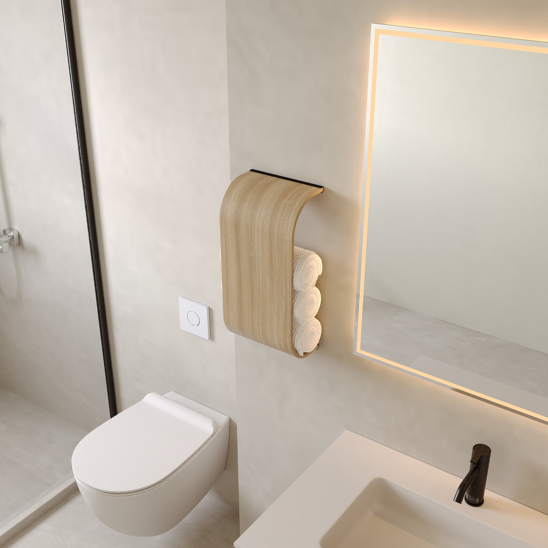 Wall mounted wide bathroom rolled towel holder in ash color