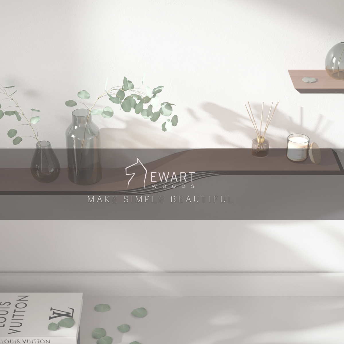 Front view of wooden floating wave shelf by EWART WOODS