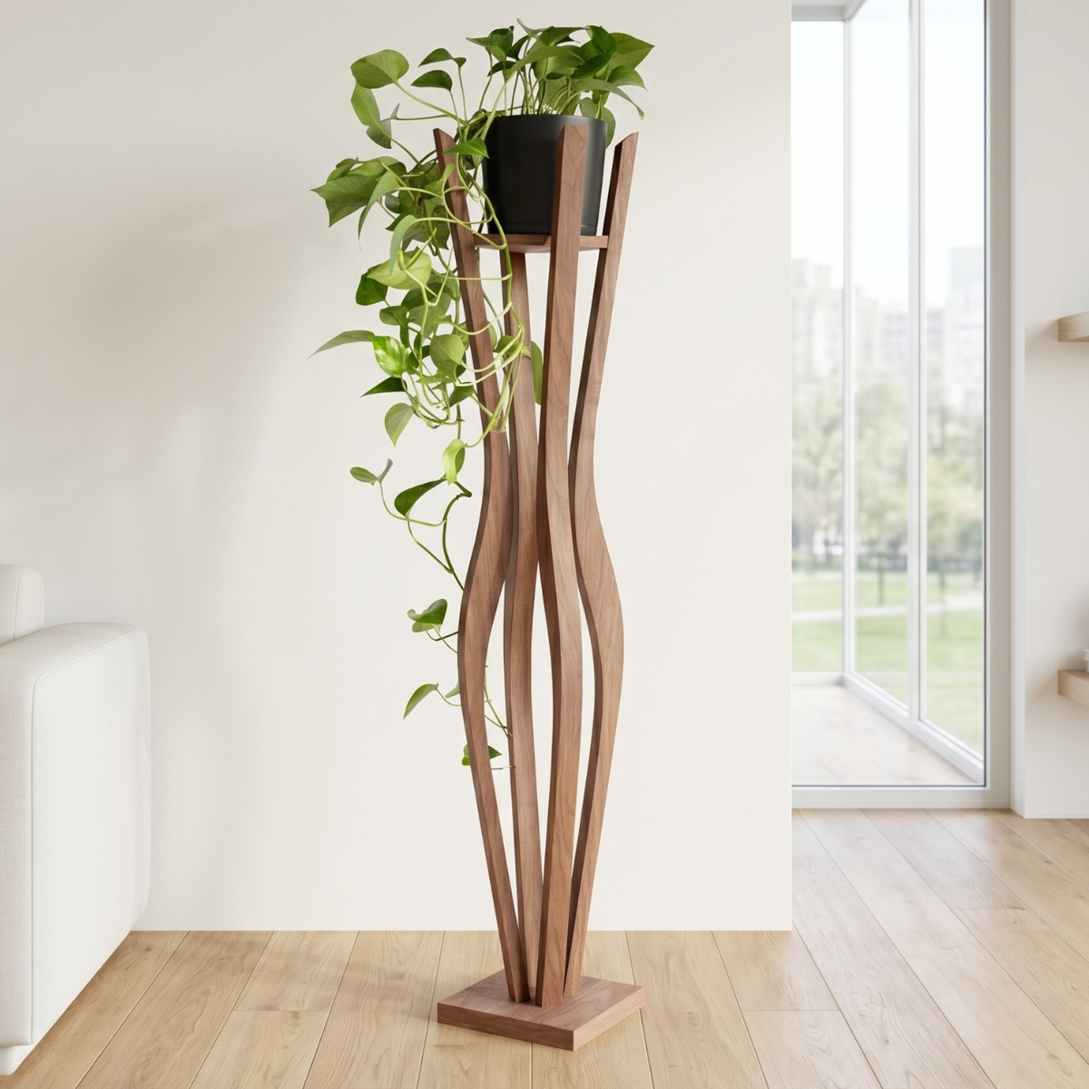 Tall indoor wooden wave plant floor stand single pot walnut ash oak