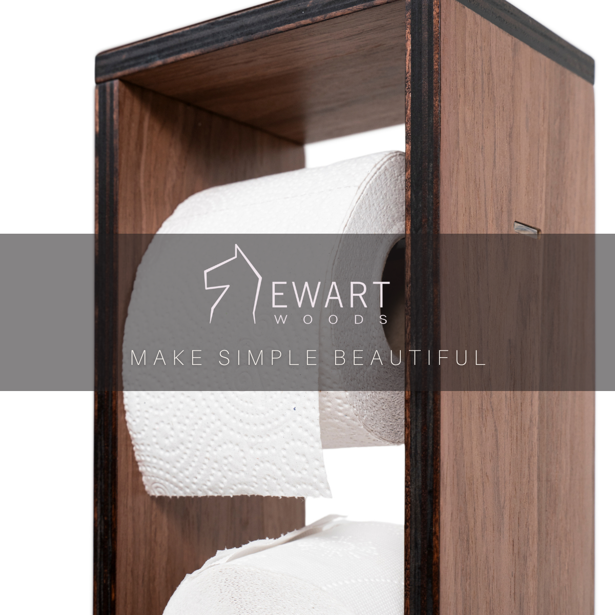 Dark walnut veneer toilet paper holder with a minimalist design, featuring a roll of toilet paper mounted in the open compartment. The &