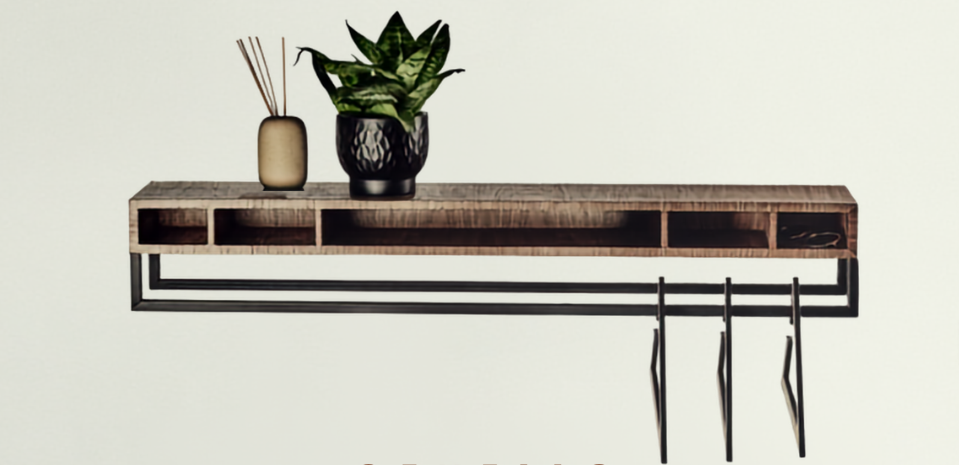A styled interior furniture display featuring a wooden entryway bench with black metal legs, a floating wall shelf, a narrow side shelving unit, and decor objects, all arranged against a light neutral wall with the text &