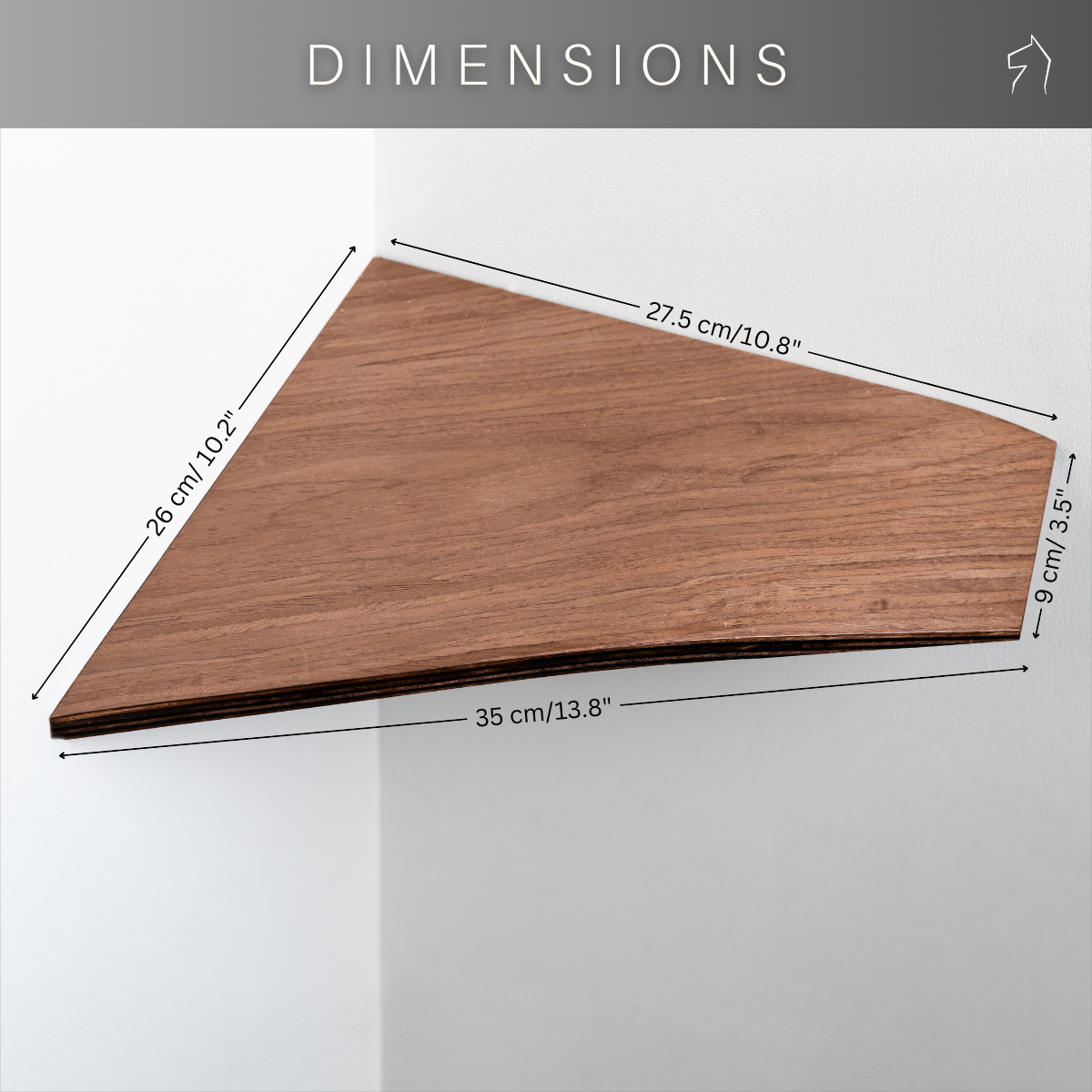 Dimensions for wooden wall-mounted corner shelf
