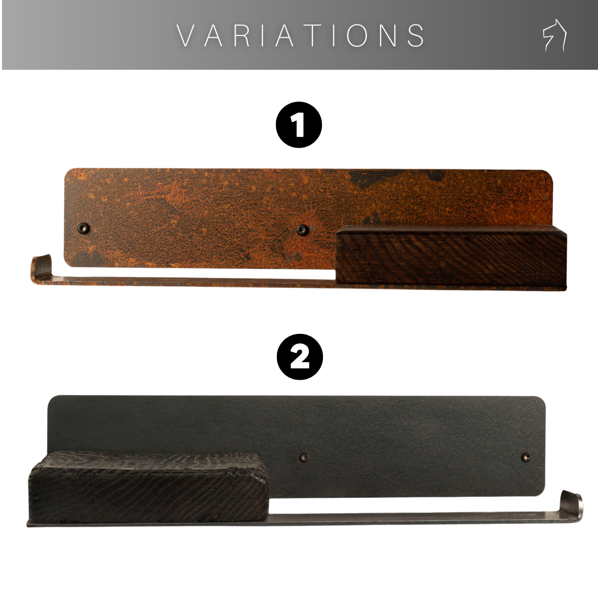 Toilet paper holder in rusted metal and burned wood variations