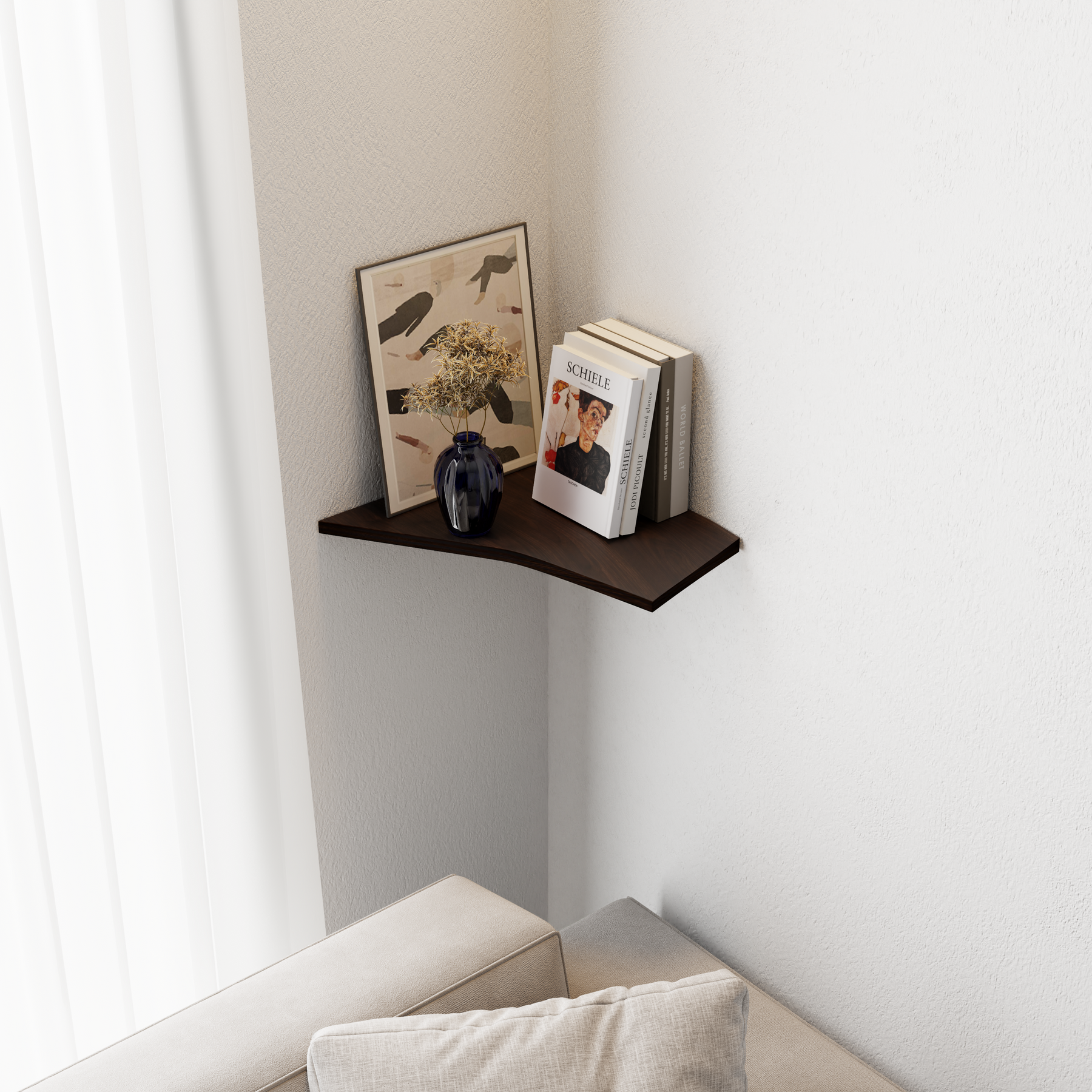 Wooden wall-mounted corner shelf