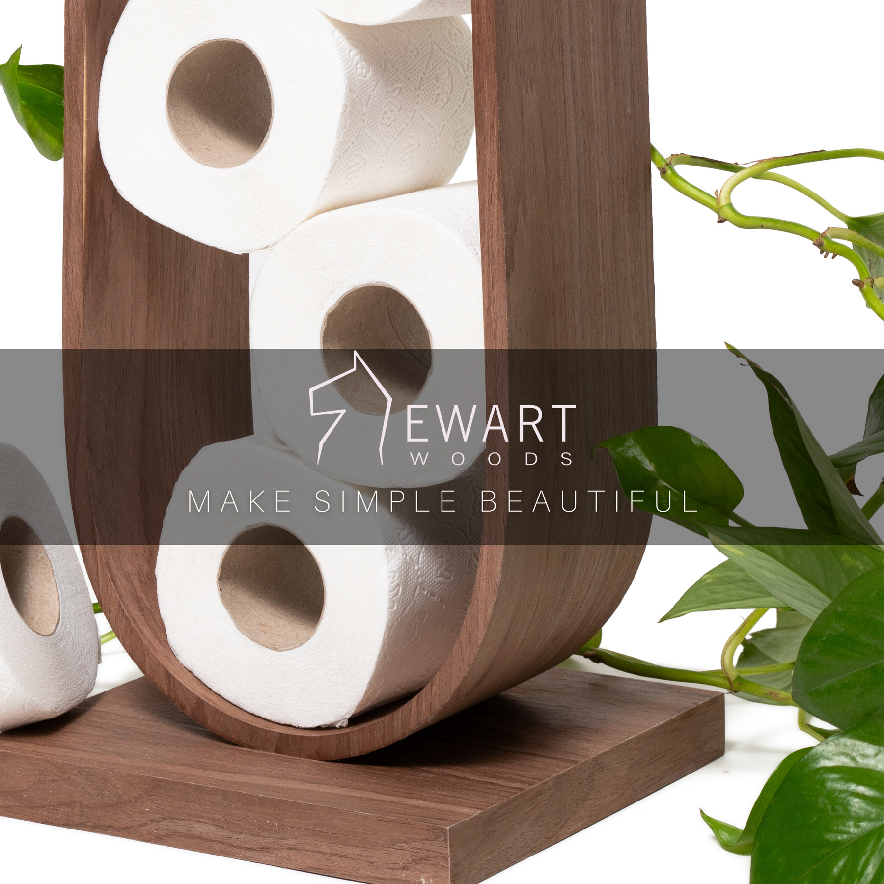 Close up of wooden standing toilet paper holder made by EWART WOODS