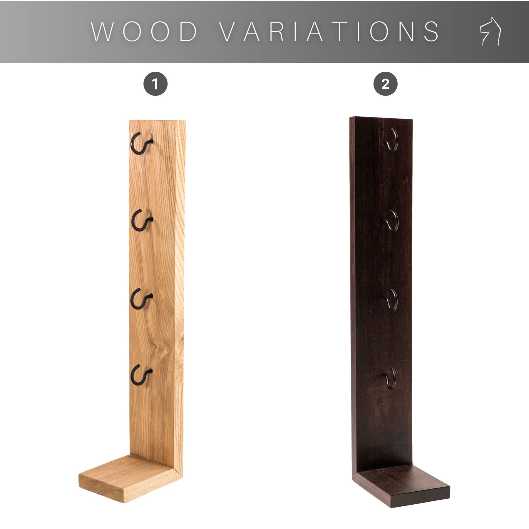 Wooden mug holder shown in two variations: natural light-stained wood (1) and dark-stained wood (2), each featuring four sturdy hooks for cups, displayed under the title &