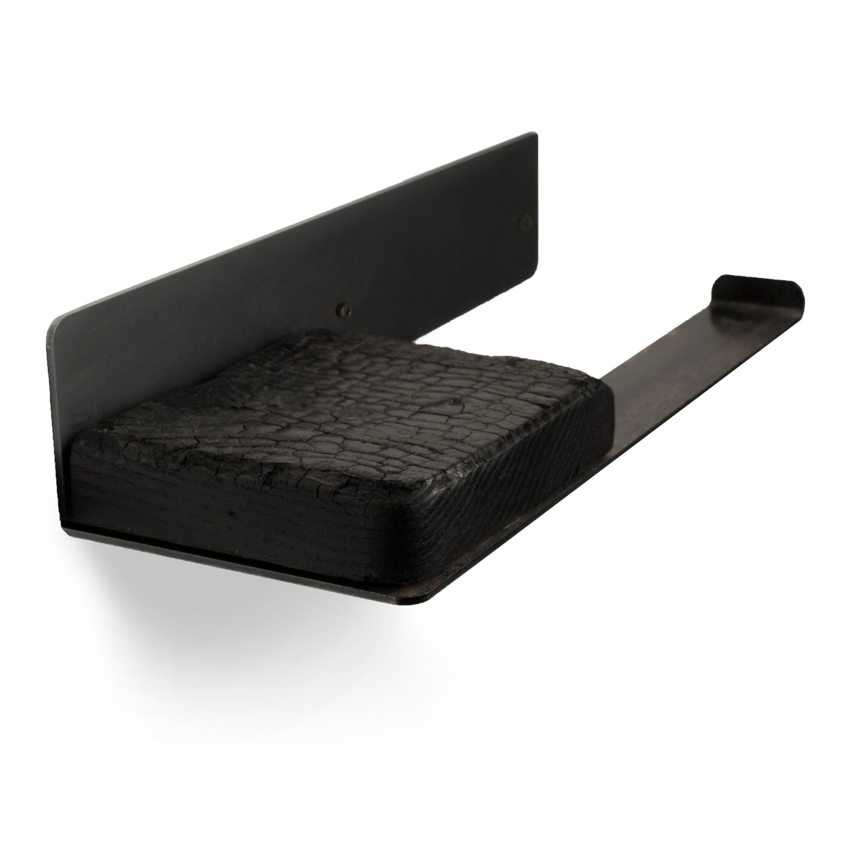Close-up of a wall-mounted toilet paper holder with a matte black steel plate and a burned wood shelf, designed to hold a single roll of toilet paper.