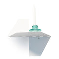 Front view of white floating wall metal shelf in geometric shape
