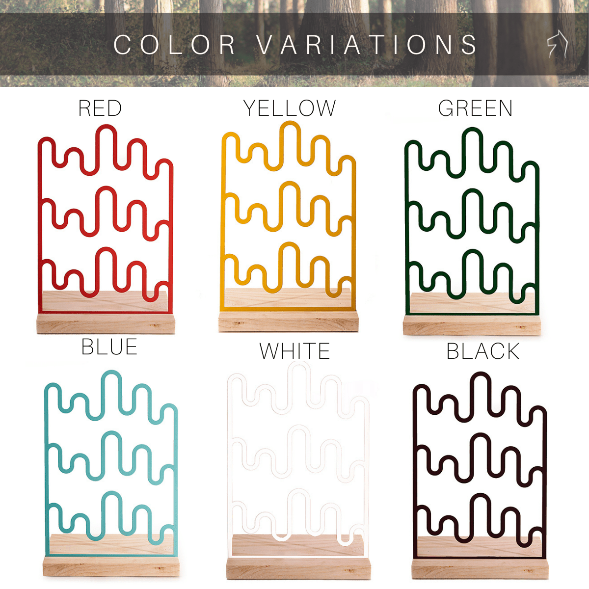 Six jewelry holders in various colors—red, yellow, green, blue, white, and black—featuring wavy metal designs on wooden bases.