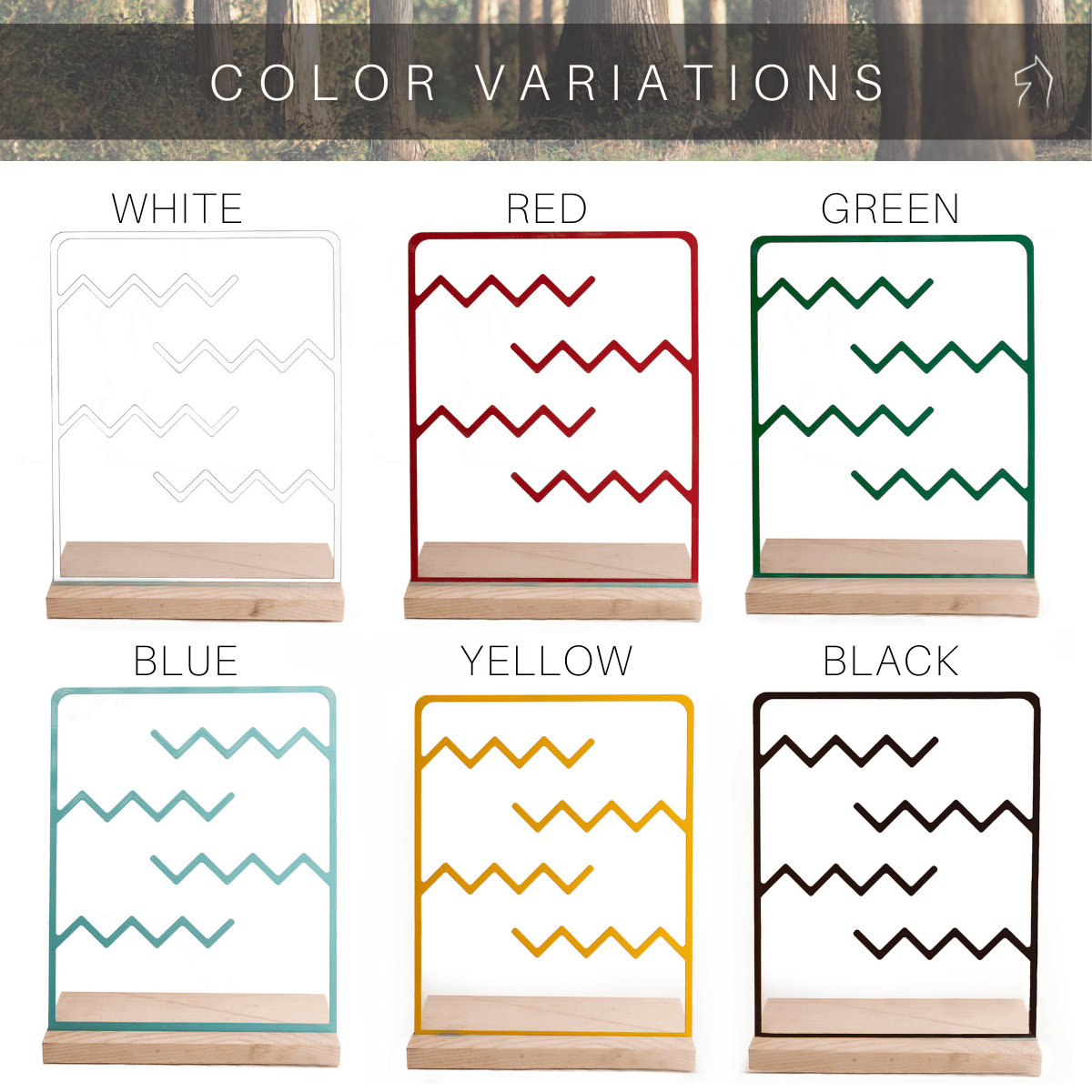 Jewelry holder available in six colors: white, red, green, blue, yellow, and black, featuring a zigzag metal design on a wooden base.