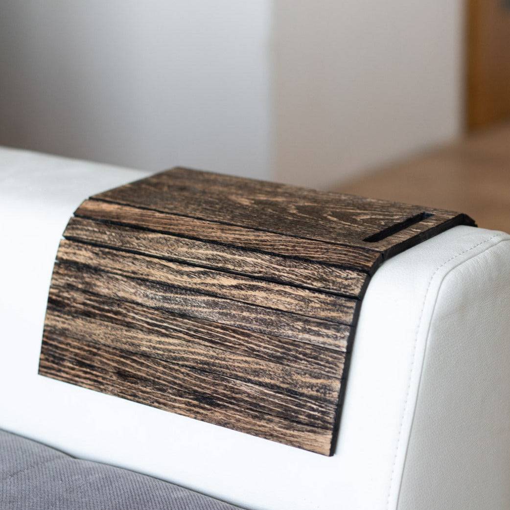 Vintage style couch arm tray burned wood with phone holder slot