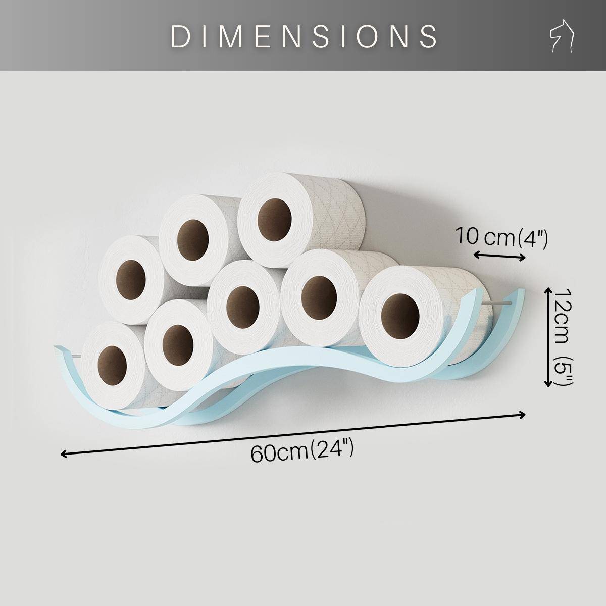 Toilet paper holder with a wave design, displaying eight rolls of toilet paper. The dimensions are shown: 60 cm (24") in width, 12 cm (5") in height, and 10 cm (4") in depth