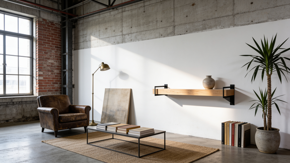 Industrial collection - oak wall shelf in black metal brackets in a converted warehouse loft