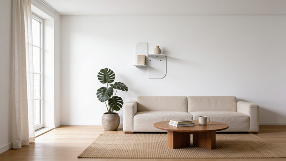 Bright minimalist Scandinavian living room with a subtle EWART WOODS floating wall shelf