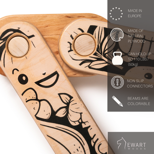 Close-up of wooden balance beams for children with manufacturer specifics