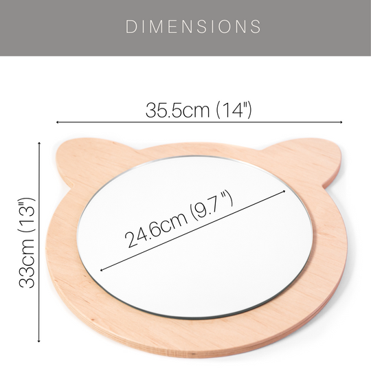 Cat-shaped wooden mirror with dimensions: 35.5 cm (14 inches) wide, 33 cm (13 inches) tall, and a 24.6 cm (9.7 inches) round mirror in the center.