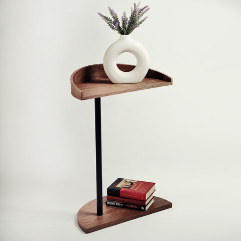 Wooden C-shape sofa side table Timoni slide under couch snack table