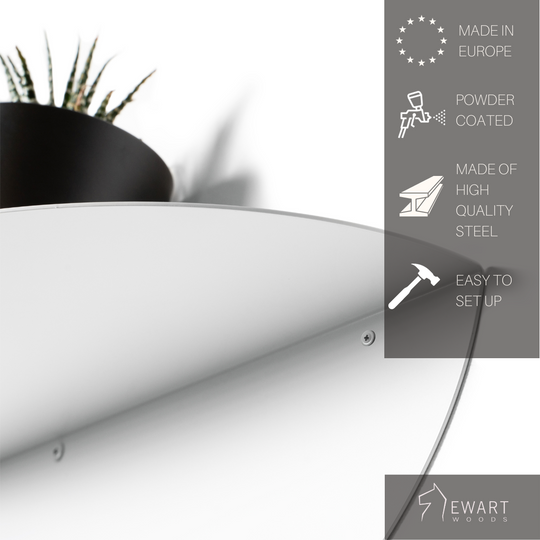 Close-up of a white elliptical metal floating shelf with a matte finish, displaying a potted plant, with product details such as European-made, powder-coated finish, high-quality steel, and easy setup.