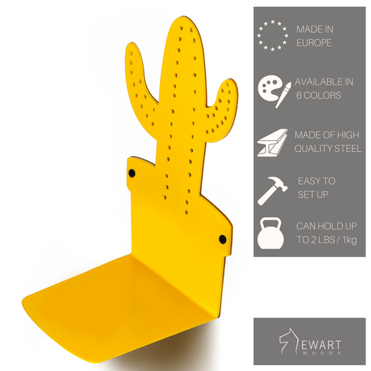 Vibrant yellow steel wall hook featuring a cactus design with a dotted texture, secured with black screws, capable of supporting up to 2 lbs (1 kg), shown on a white backdrop.