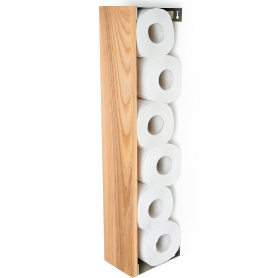 Vertical Ashwood Toilet Paper Holder with a sleek design, combining natural wood and stainless steel, mounted on a bathroom wall.