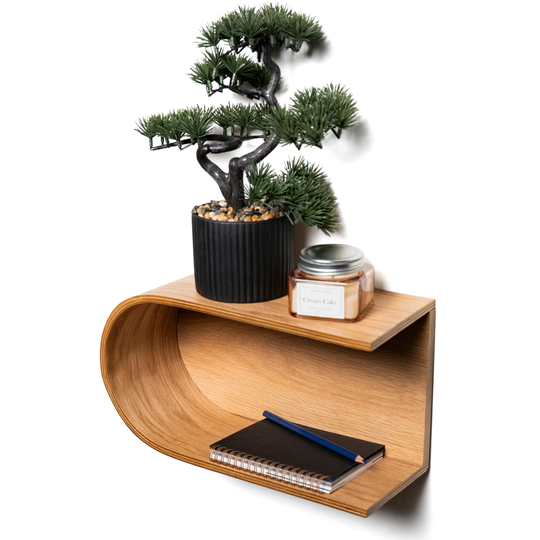 Floating wall mounted display shelf with closed back and curved form modern design