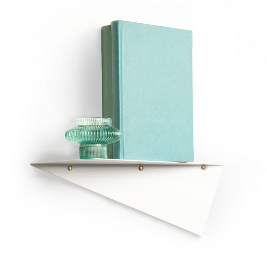 Triangular wall shelf holding two turquoise books and a decorative green glass vase, combining functionality with a simple and elegant design.
