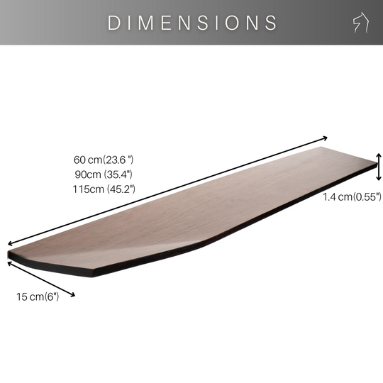 Wooden plank with a tapered edge, dimensions: 60 cm, 90 cm, or 115 cm long, 15 cm wide, and 1.4 cm thick.