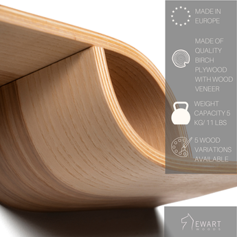 Unique design wooden shelf close-up of curved design and product specifications