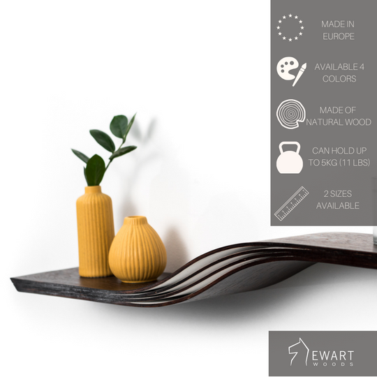 Close-up view of floating wooden wave shelf along with manufacturer specifics