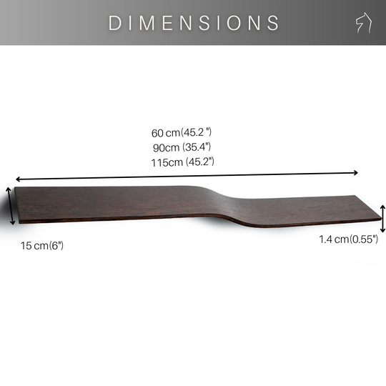 Dark wooden shelf with a wavy design, shown with dimensions: 60 cm, 90 cm, or 115 cm in length, 15 cm in width, and 1.4 cm in thickness.