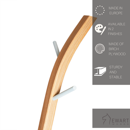 Close-up of wooden free standing coat rack metal hangers and manufacturer specifics