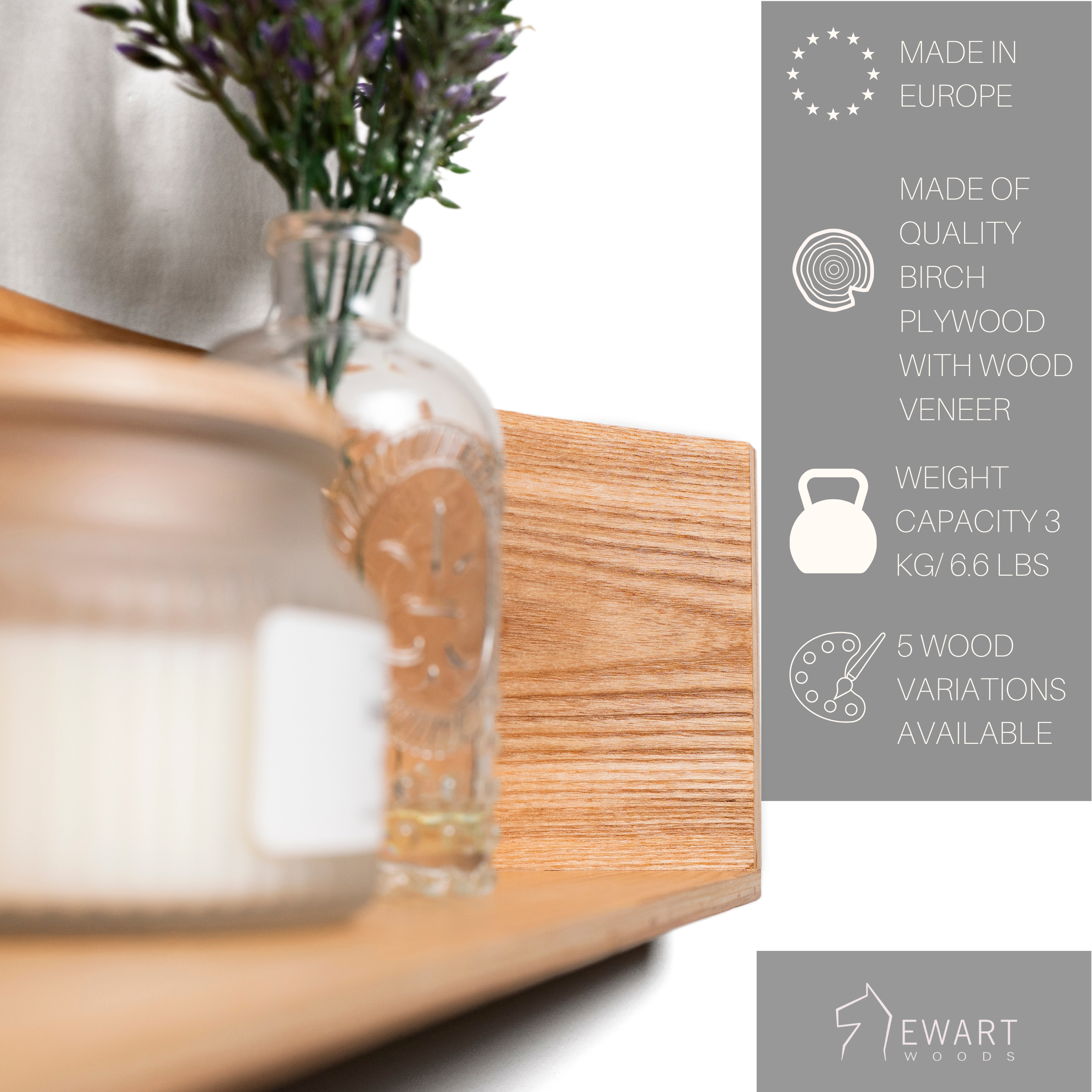 Floating wall shelf wooden half circle curved joint close-up