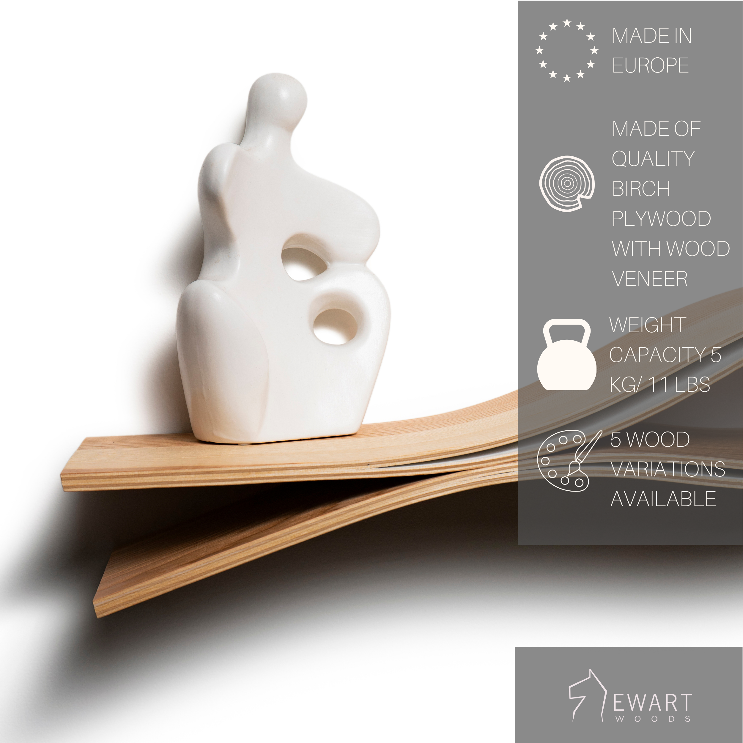 Wooden floating shelf fish form tail end design close-up