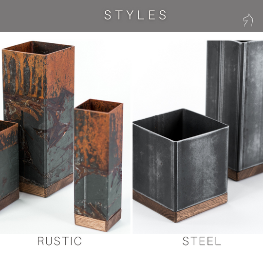 Two utensil holder styles: one with a rustic, weathered copper finish and the other with a sleek steel finish, both with wooden bases.