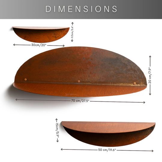 Three curved metal shelves with dimensions labeled. The top shelf is 30 cm/20" wide, the middle shelf is 70 cm/27.5" wide and 20 cm/7.9" high, and the bottom shelf is 50 cm/19.6" wide and 4.5 cm/1.6" high. The shelves have a rustic, oxidized finish.