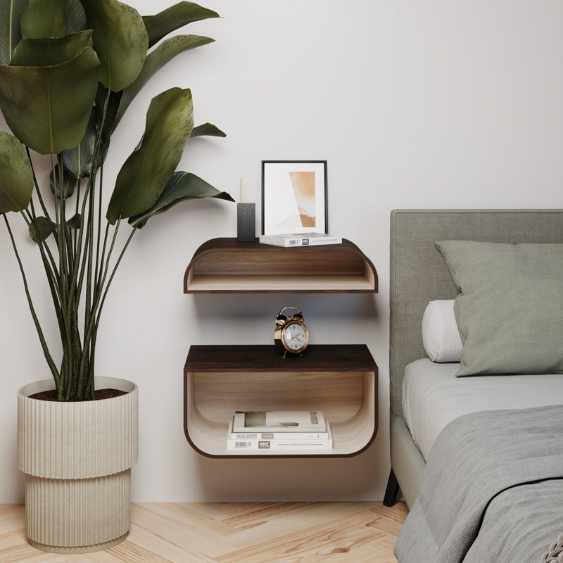 Floating nightstand set of 2 smoked oak color with white interior elegant layout