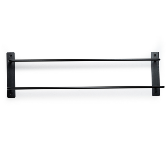Minimalist black metal double towel rack with two parallel bars, mounted on a clean, white wall for a modern look.
