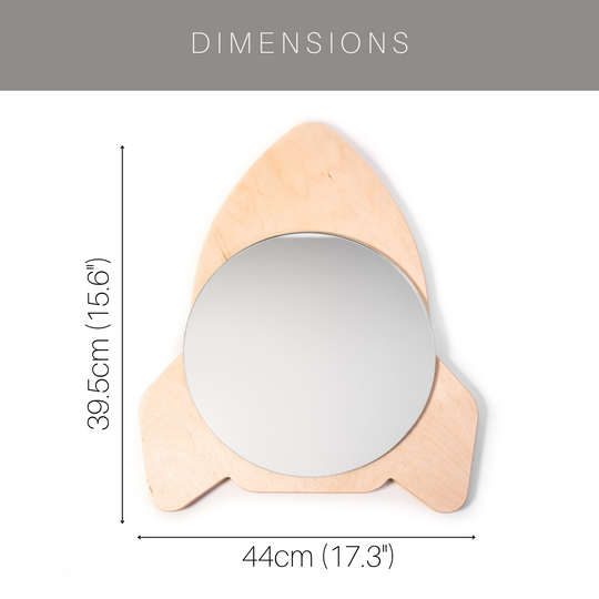 Rocket-shaped wooden mirror with dimensions: 44 cm (17.3 inches) wide and 39.5 cm (15.6 inches) tall, featuring a round mirror in the center.