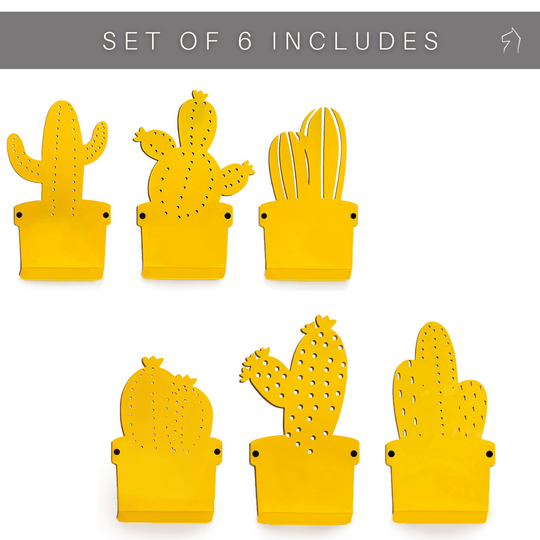Set of six yellow metal hooks, each shaped like different cactus varieties with perforated details, displayed against a white background.