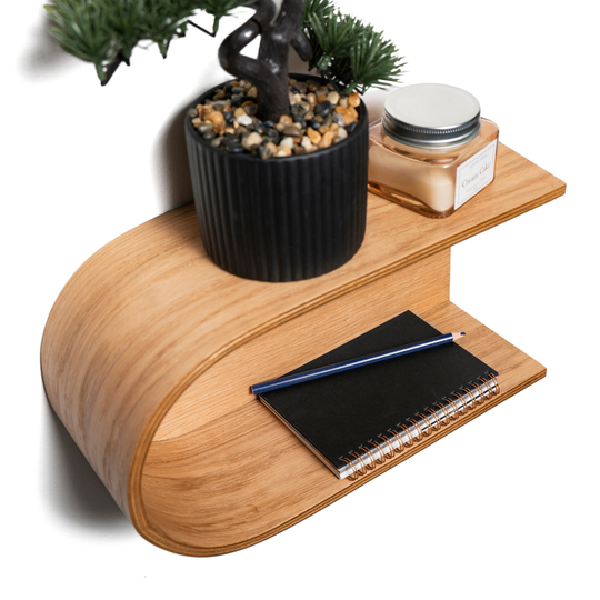 Floating wall display shelf with closed back modern design with two tiers for storage or display