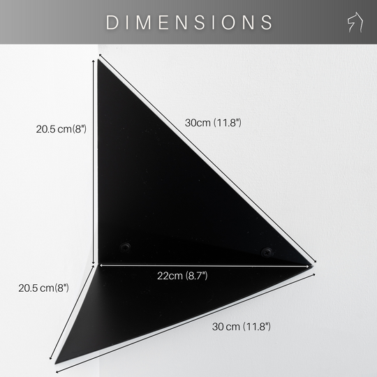 black metal corner shelf triangular forms on white background with dimensions information