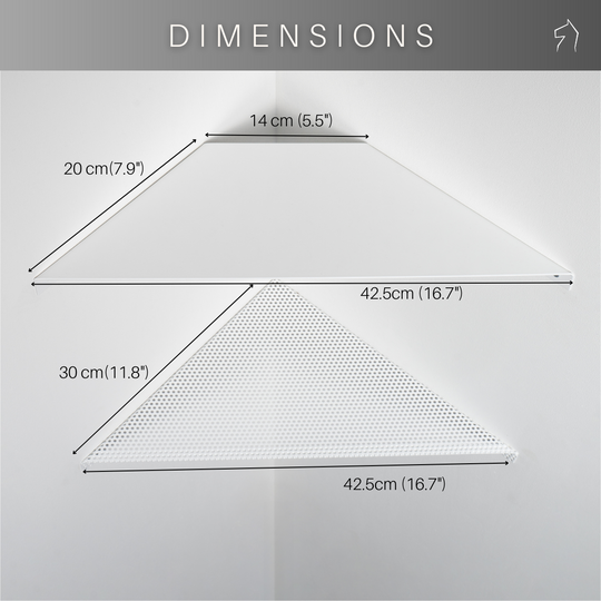 two floating cormer shelves attached to a wall with dimensions