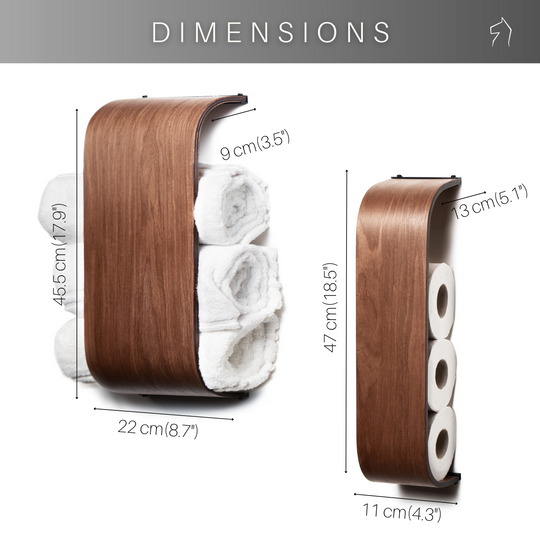 Dimensions: towel holder 45.5 cm (18") tall, 22 cm (8.7") wide, 9 cm (3.5") deep; toilet paper holder 27 cm (10.6") tall, 11 cm (4.3") wide, 9 cm (3.5") deep.