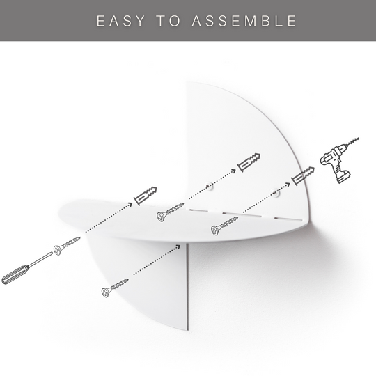 White half-circle wall shelf with icons showing the assembly process, including a screwdriver, screws, and a drill. The shelf is mounted on the wall and is labeled &