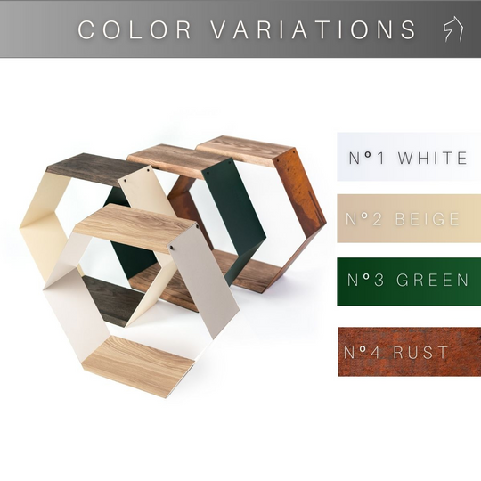 Hexagonal shelves made of metal and light wood, shown in various color options: White, Beige, Green, and Rust. The shelves are displayed together with a color variation chart on the right side.