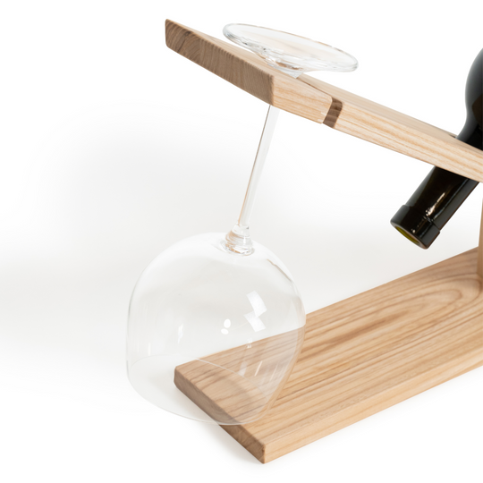 Close-up angle of glass holder for wooden wine holder
