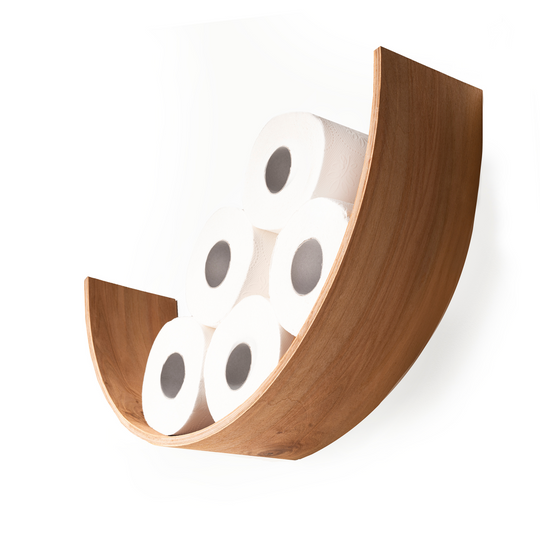 Front view of a cherry wood curved toilet paper holder, displaying five rolls of toilet paper. The holder has a smooth texture, creating a sleek, minimalist design.